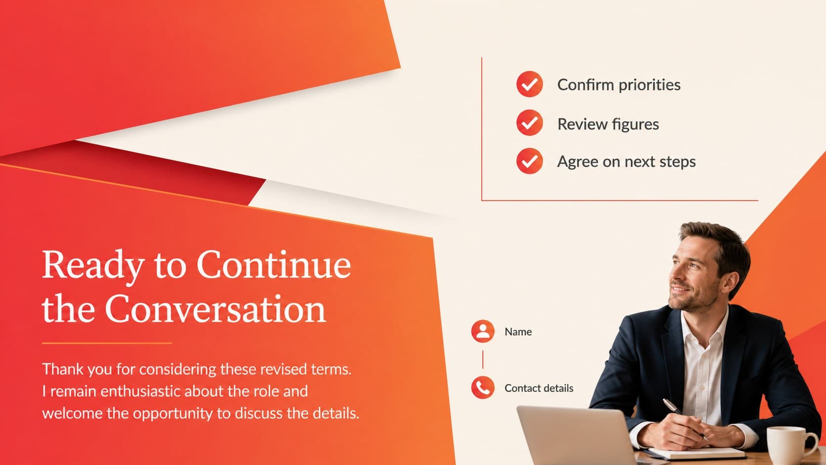 Professional salary counteroffer closing slide with next steps and contact details.