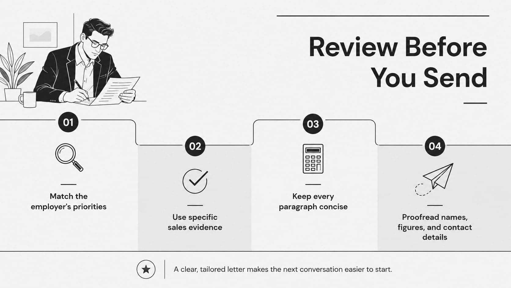 Final review checklist for a professional sales application letter covering relevance, evidence, clarity, and proofreading.