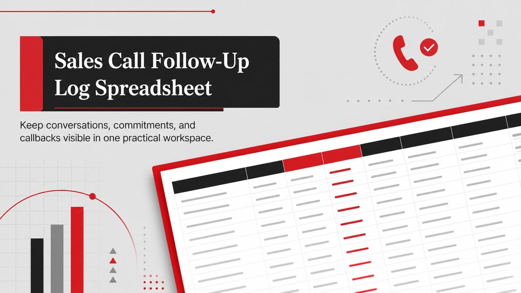 Cover of a red, black, and gray sales call follow-up log spreadsheet for prospect outreach.