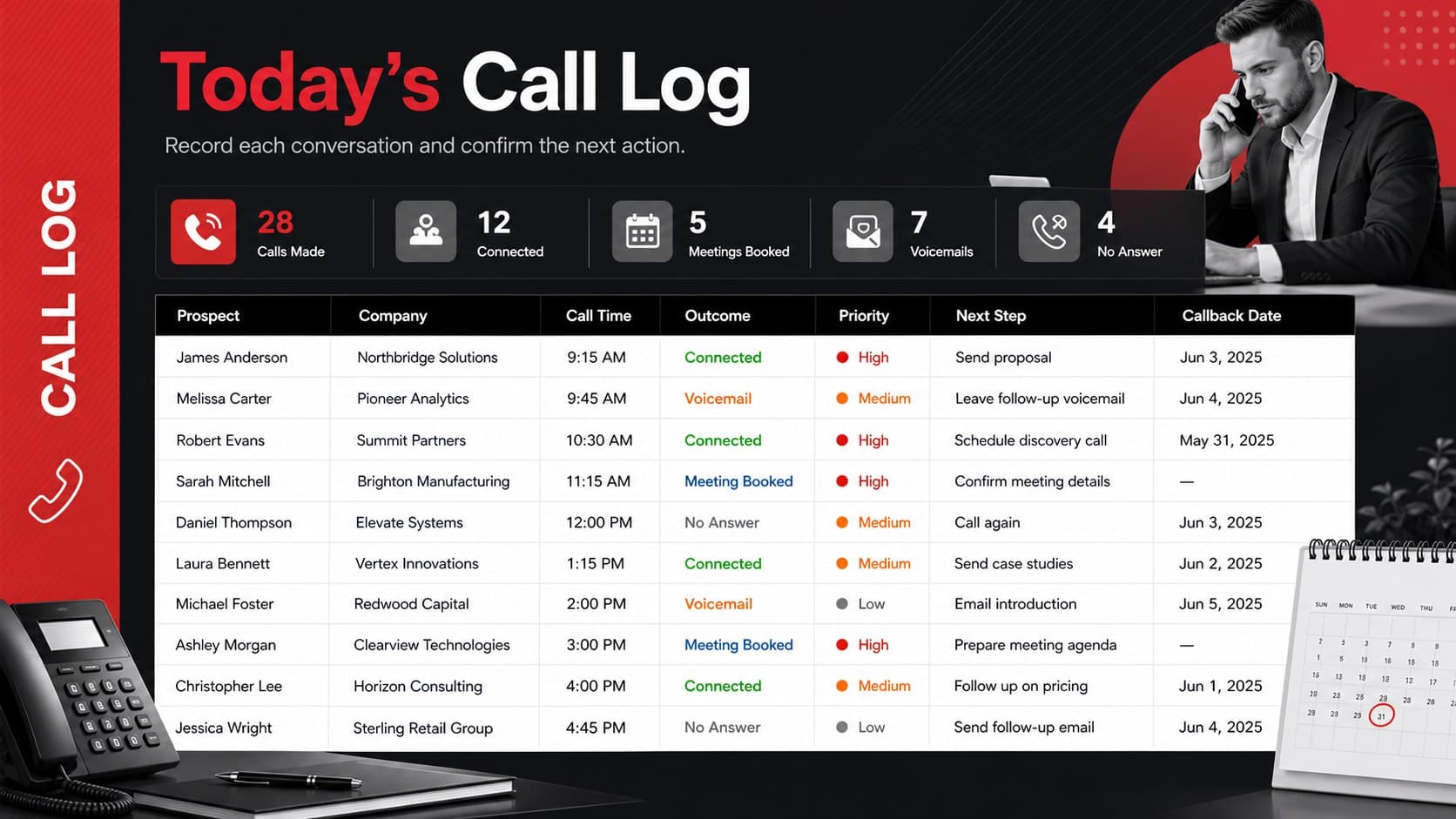 Daily sales call follow-up spreadsheet showing prospect details, outcomes, and scheduled next actions.