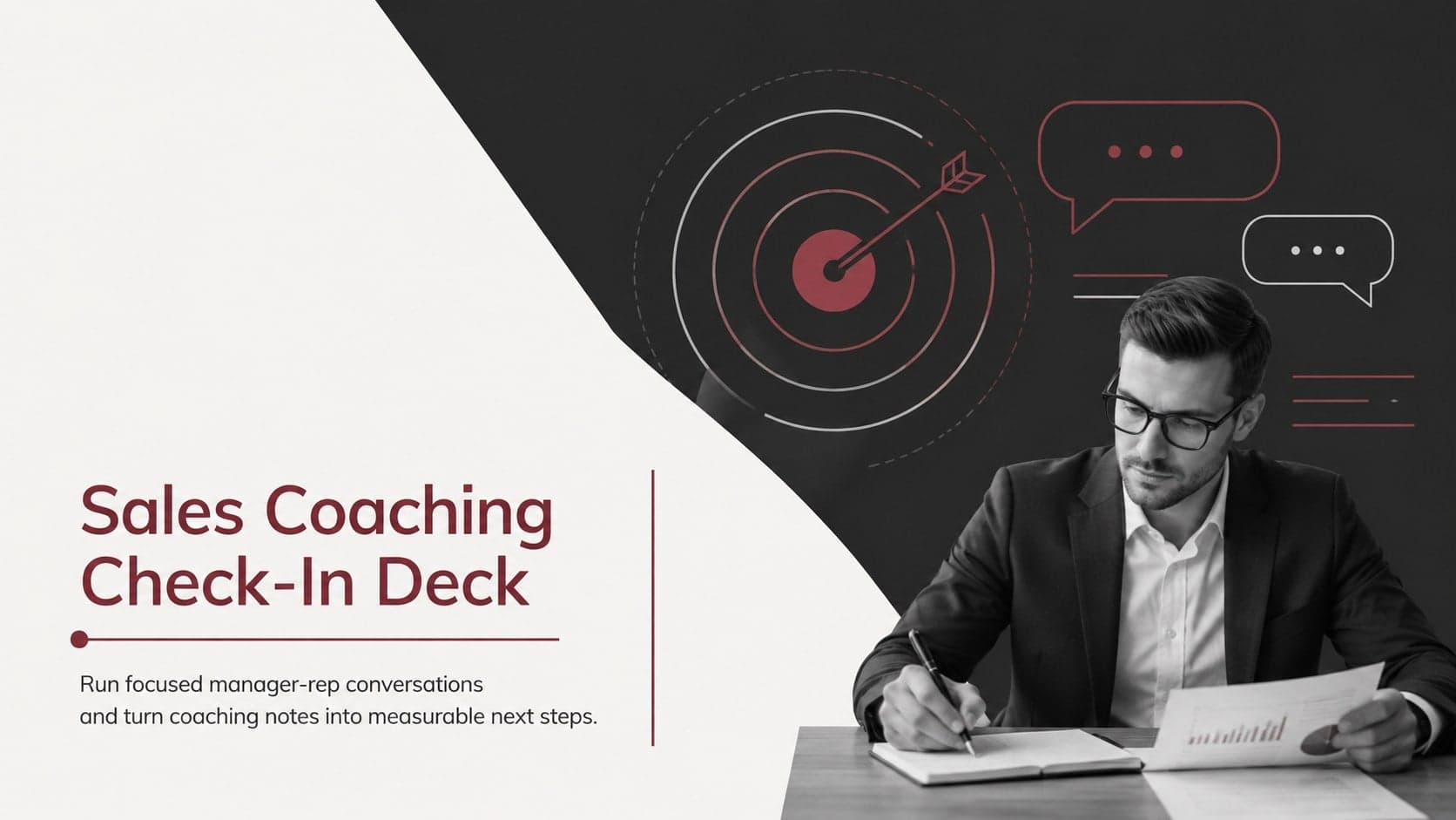 Cover of a Sales Coaching Check-In Deck with monochrome typography and crisp red geometric accents.