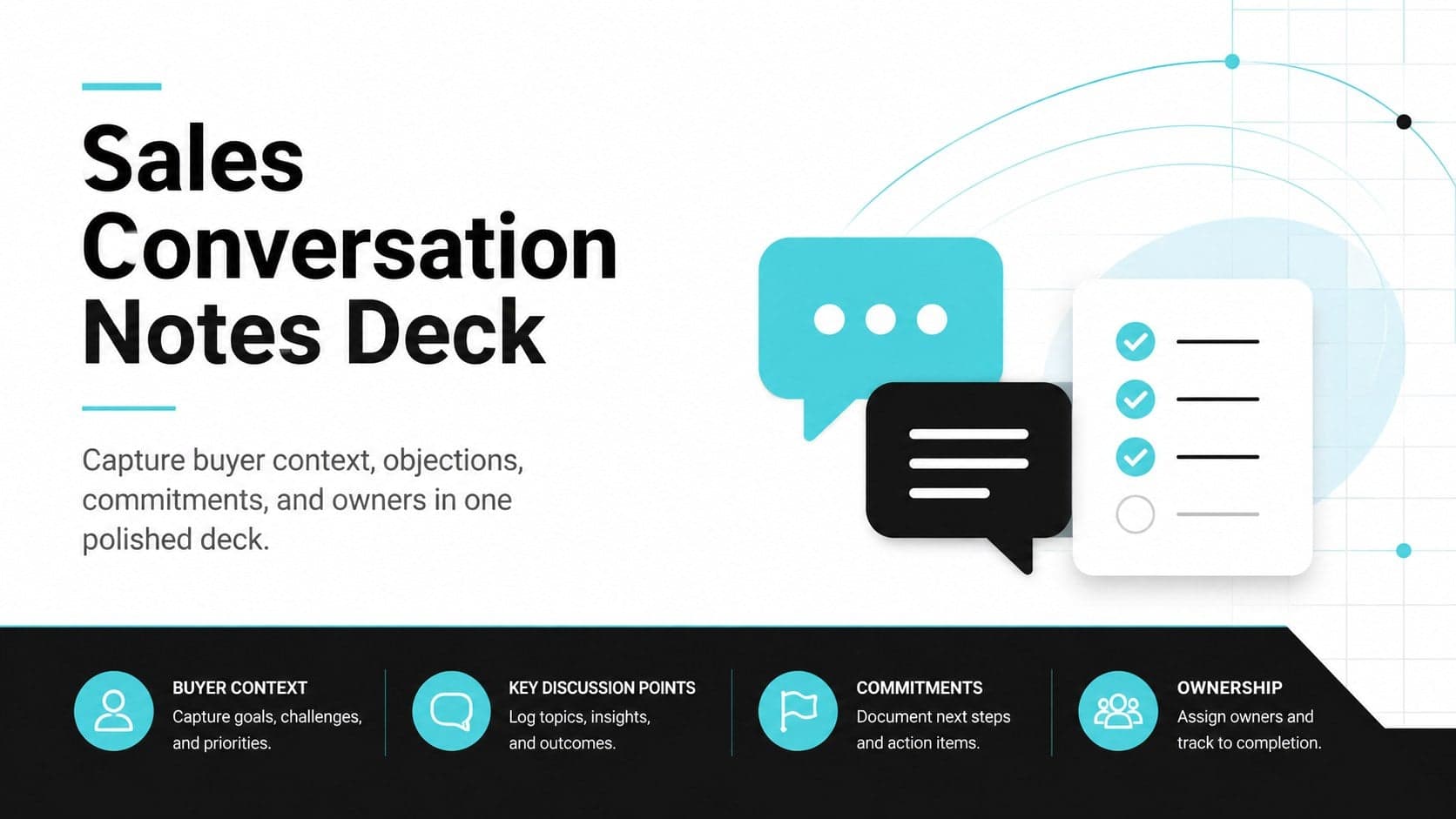 Cover of a modern Sales Conversation Notes Deck in a black, blue, and white corporate style.