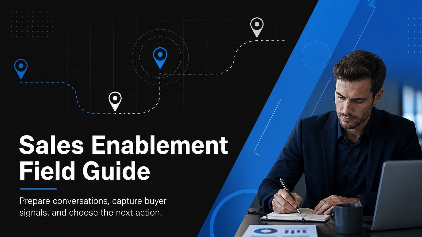 Cover of a modern Sales Enablement Field Guide in a black, white, and blue corporate presentation style.