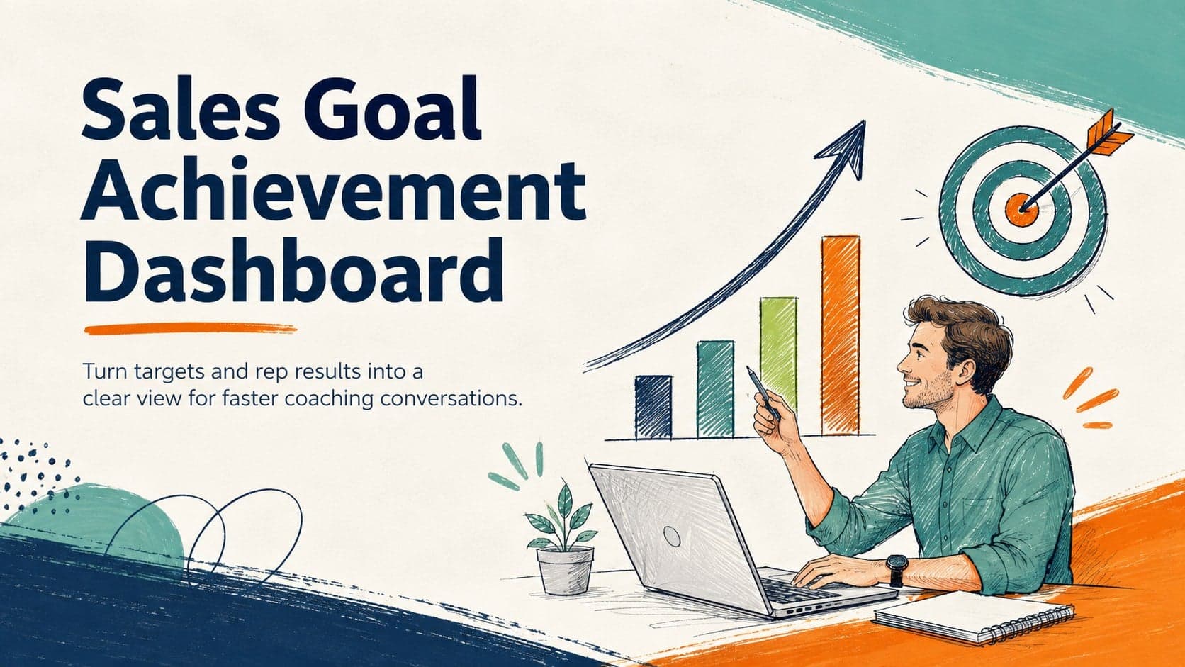 Colorful Sales Goal Achievement Dashboard cover with sketch-style sales charts in blue, green, and orange.