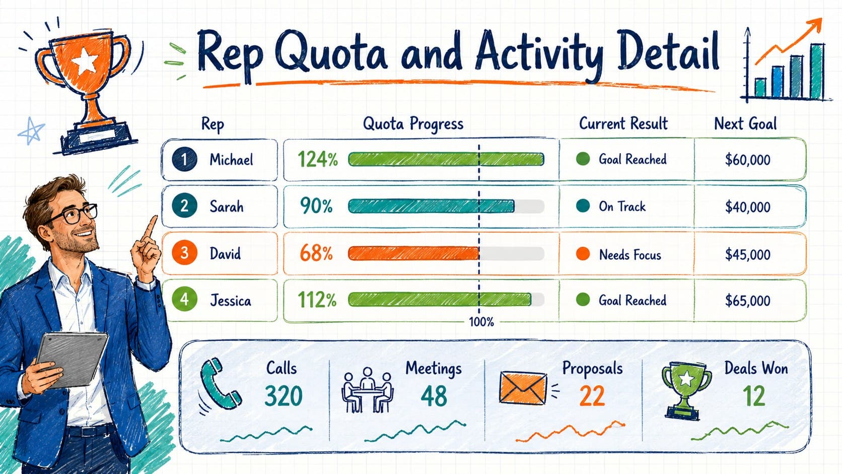 Sales rep quota attainment dashboard with individual progress bars and activity metrics.