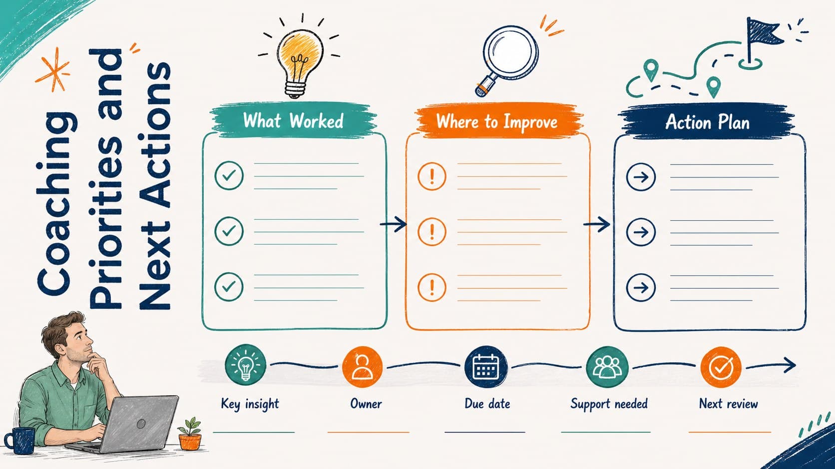 Monthly sales coaching review sheet with performance insights, priorities, owners, and next actions.