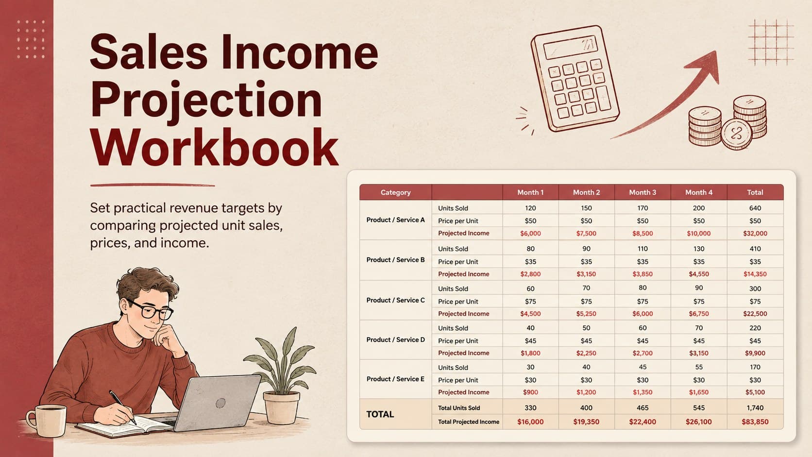 Beige and red cover for a Sales Income Projection Workbook with minimalist financial doodles.