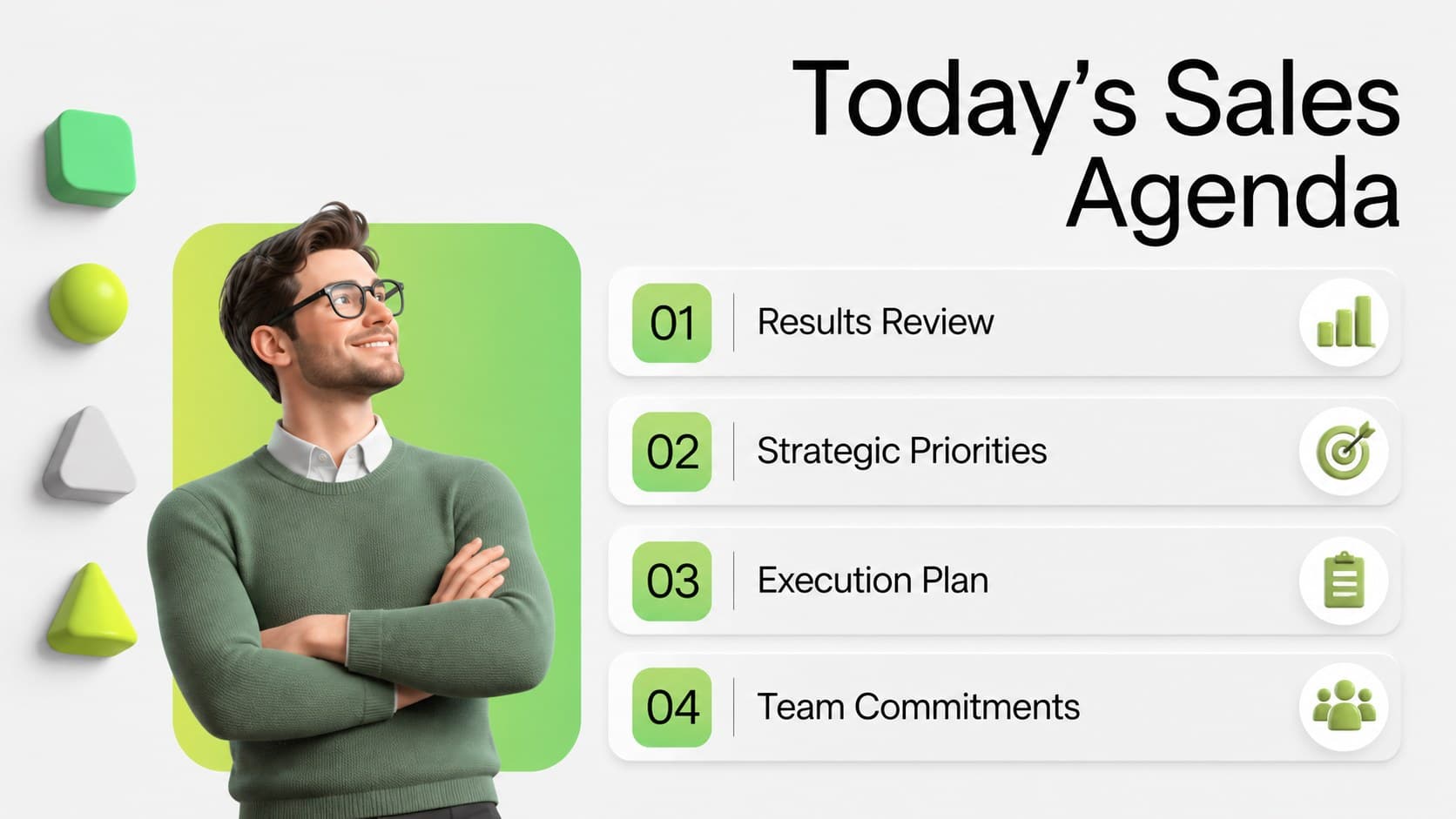 Sales kickoff agenda presentation slide outlining results, priorities, execution, and team commitments.