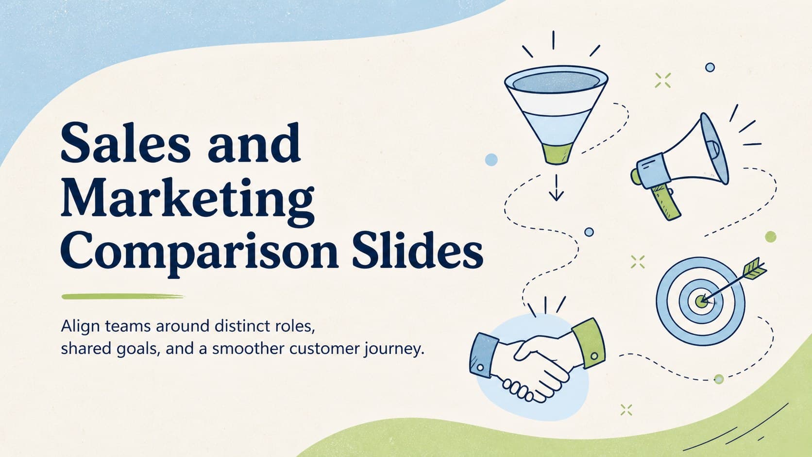 Cover for sales and marketing comparison slides featuring blue, green, and beige business doodles.