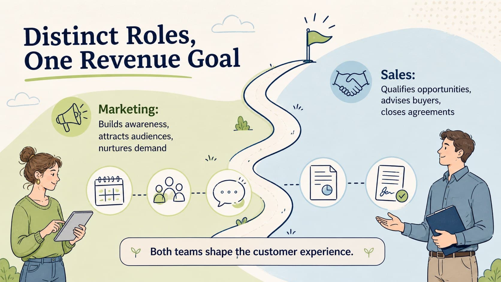 Sales and marketing roles comparison with side-by-side responsibilities and doodle icons.