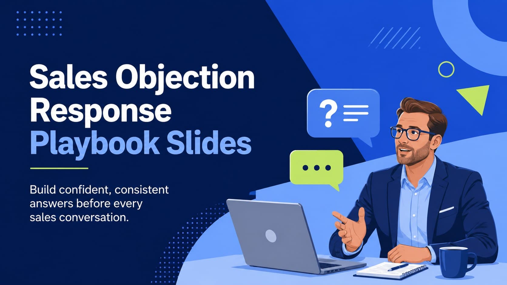 Blue illustrated cover for a sales objection response playbook used in sales coaching and call preparation.