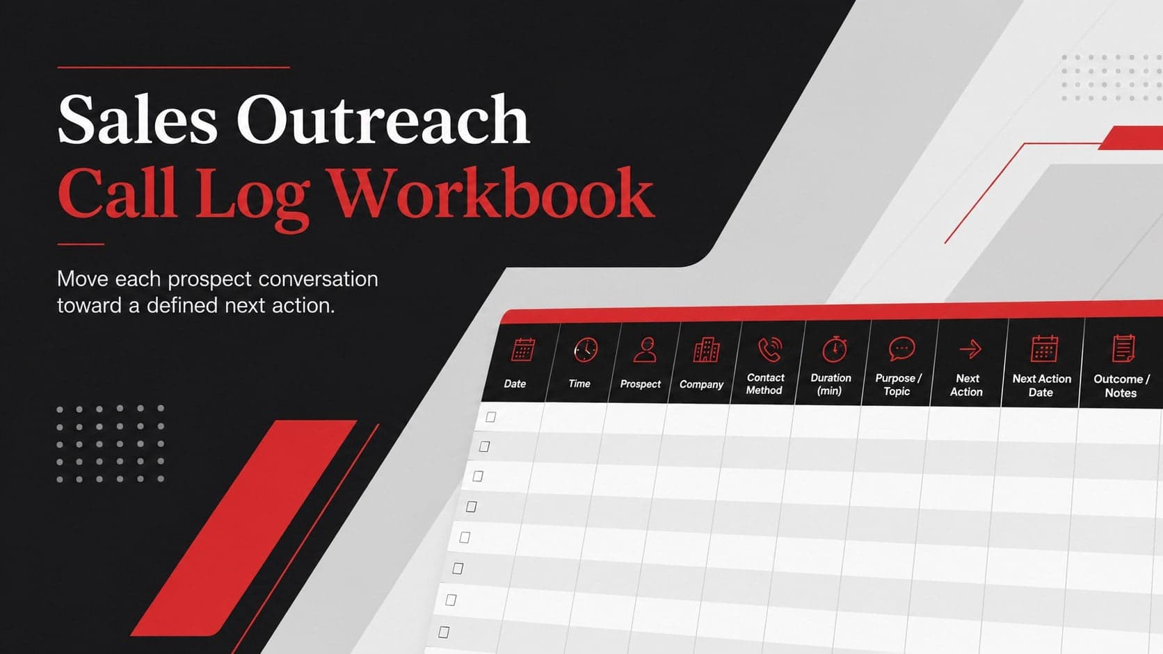Cover preview for the Sales Outreach Call Log Workbook in a modern black, grey, and red business style.