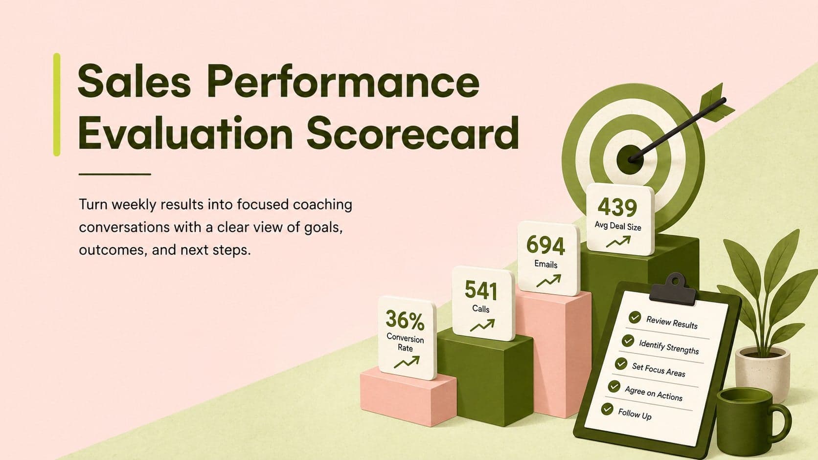 Green and pink cover for a sales performance evaluation scorecard with illustrated sales analytics accents.