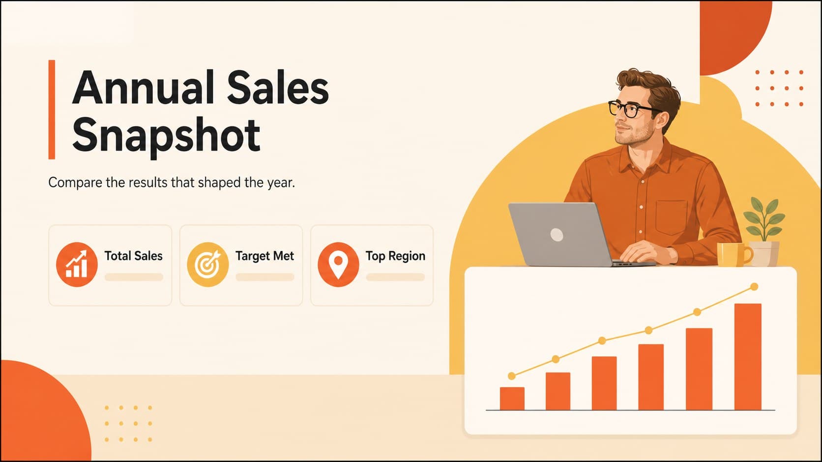 Annual sales snapshot slide showing editable performance metrics and a visual yearly sales data comparison.