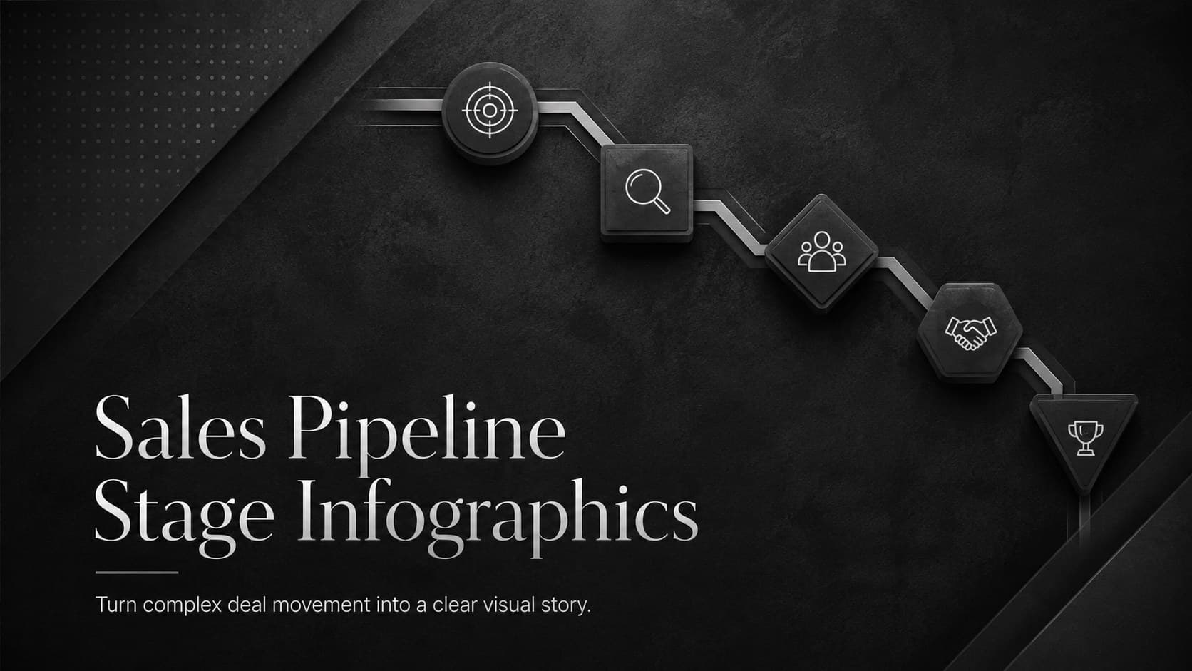 Dark cover for Sales Pipeline Stage Infographics with a modern grey process pathway and sales metrics.