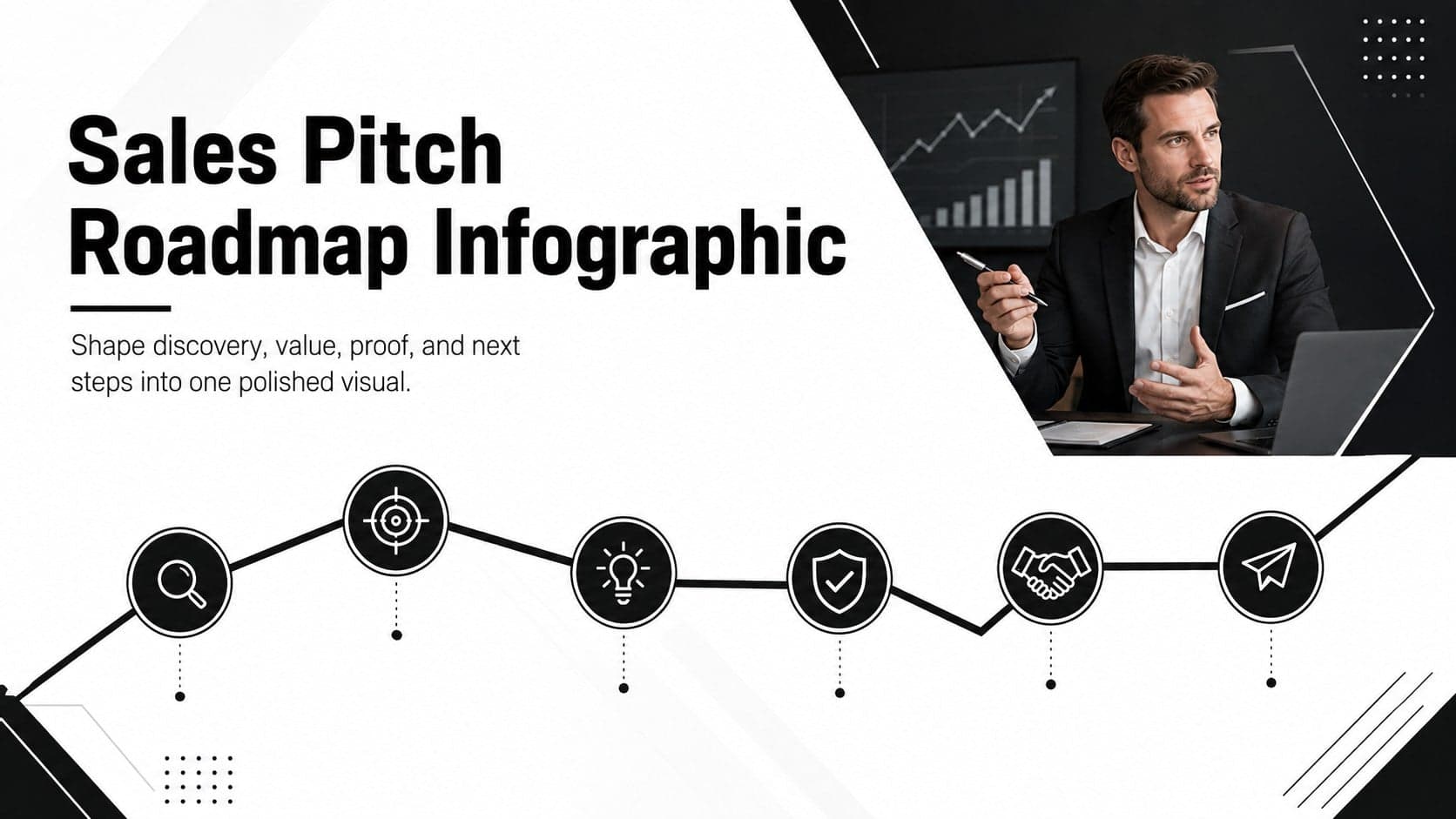 Cover for a Sales Pitch Roadmap Infographic in a modern black-and-white illustrated presentation style.