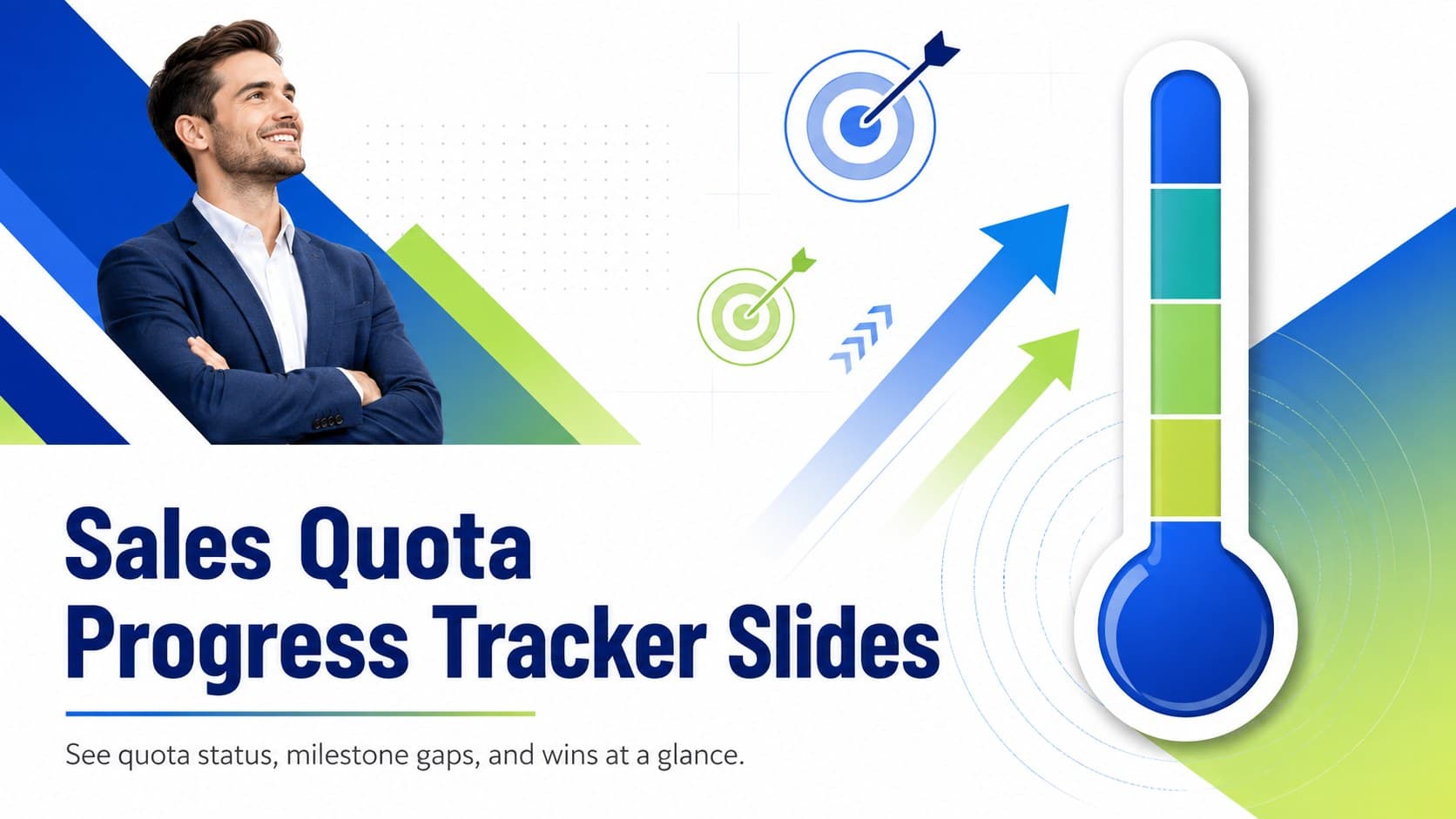 Cover for Sales Quota Progress Tracker Slides with a blue-green thermometer graphic and bold revenue reporting typography.