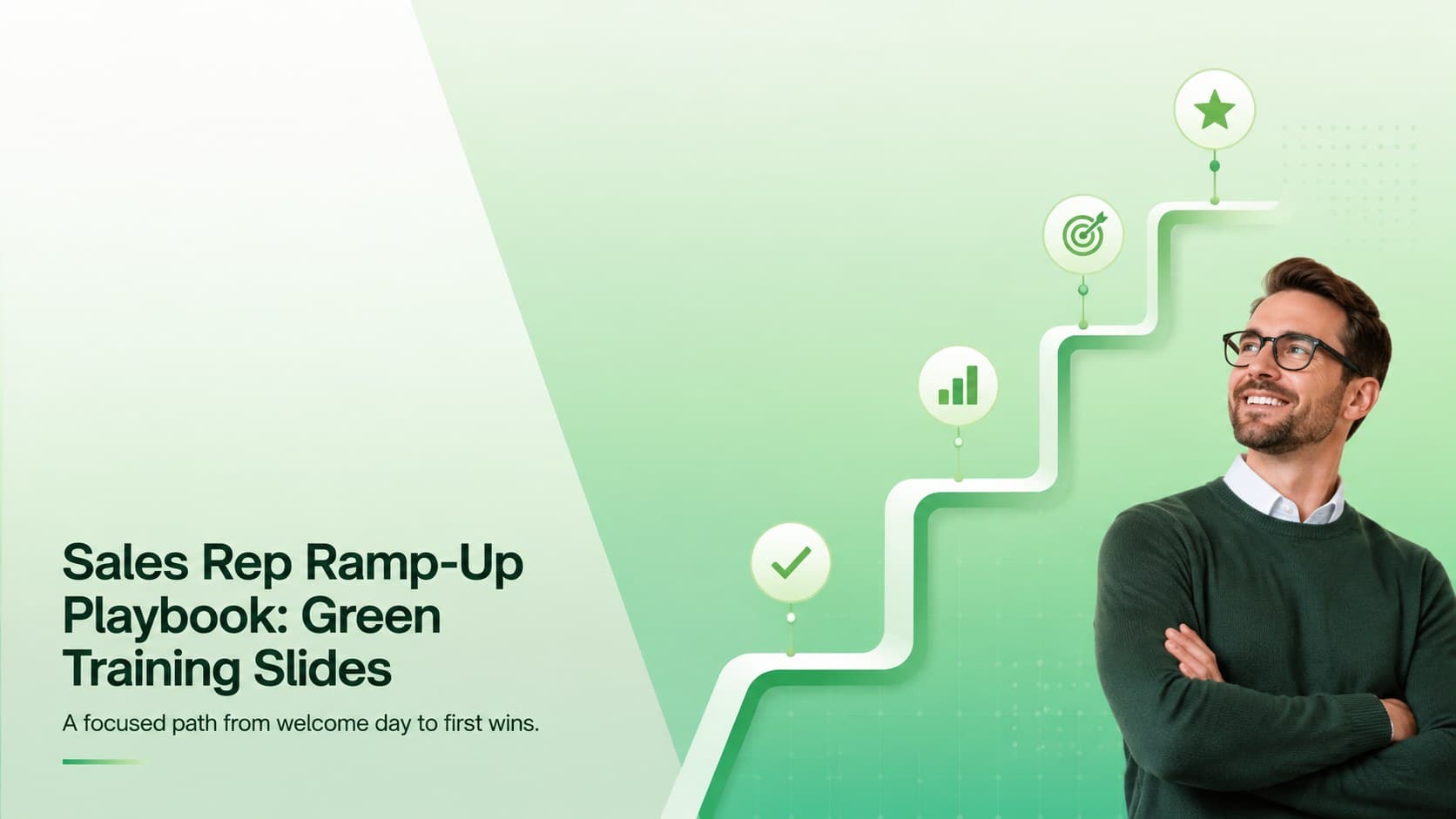 Cover of a sales rep ramp-up playbook with minimalist typography and layered green gradients.