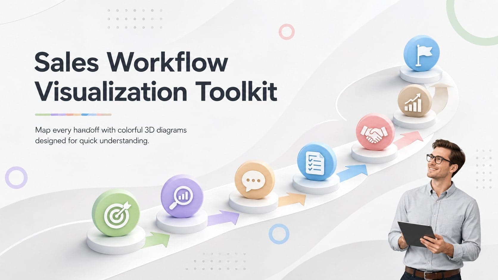Cover of the Sales Workflow Visualization Toolkit with colorful 3D pipeline shapes on a minimalist grey background.