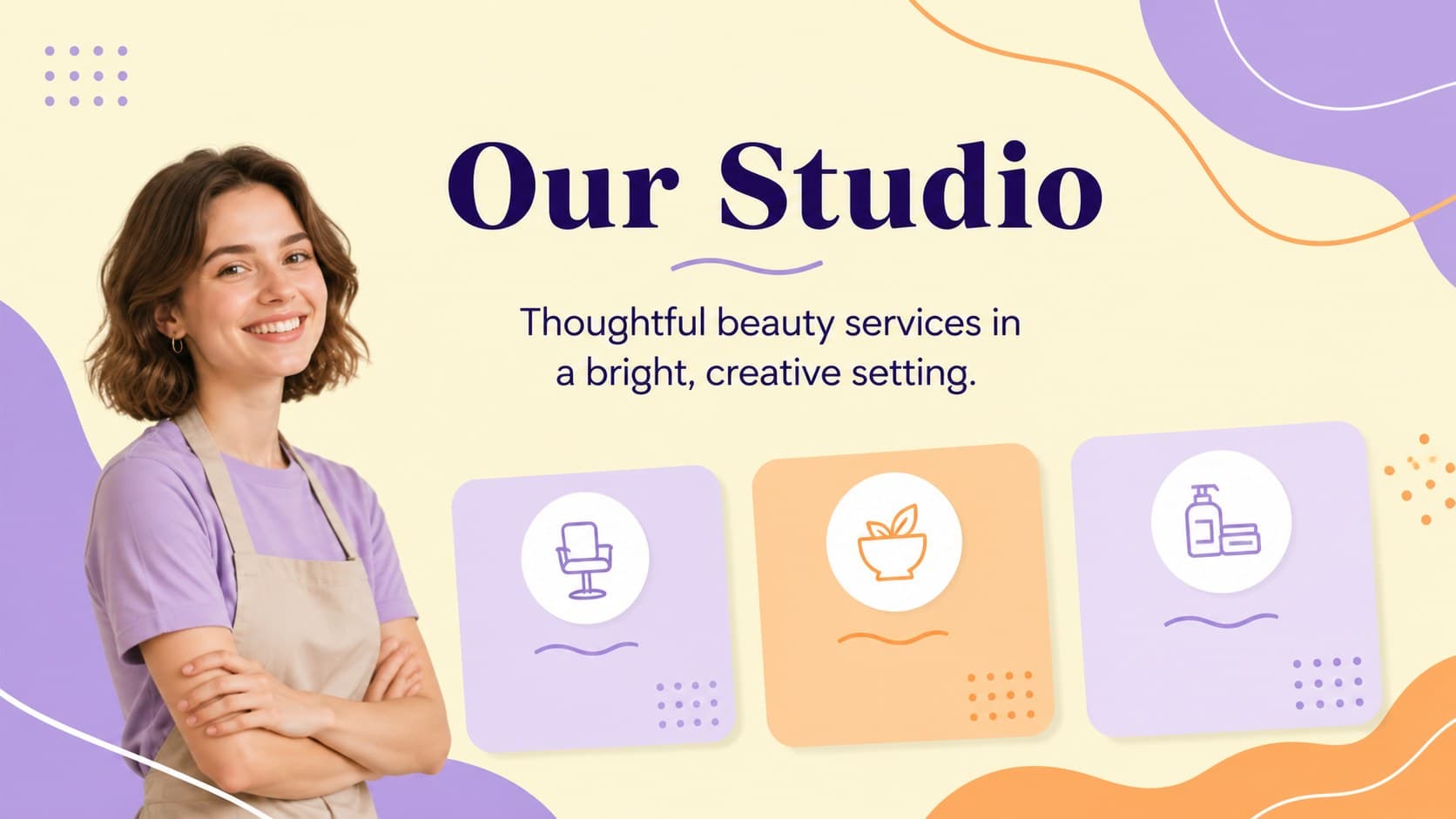 Salon introduction slide presenting a refined beauty studio concept with playful purple and orange graphics.