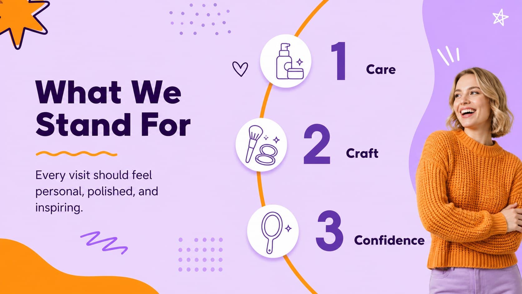 Brand values slide showing three salon principles in an illustrated modern presentation layout.