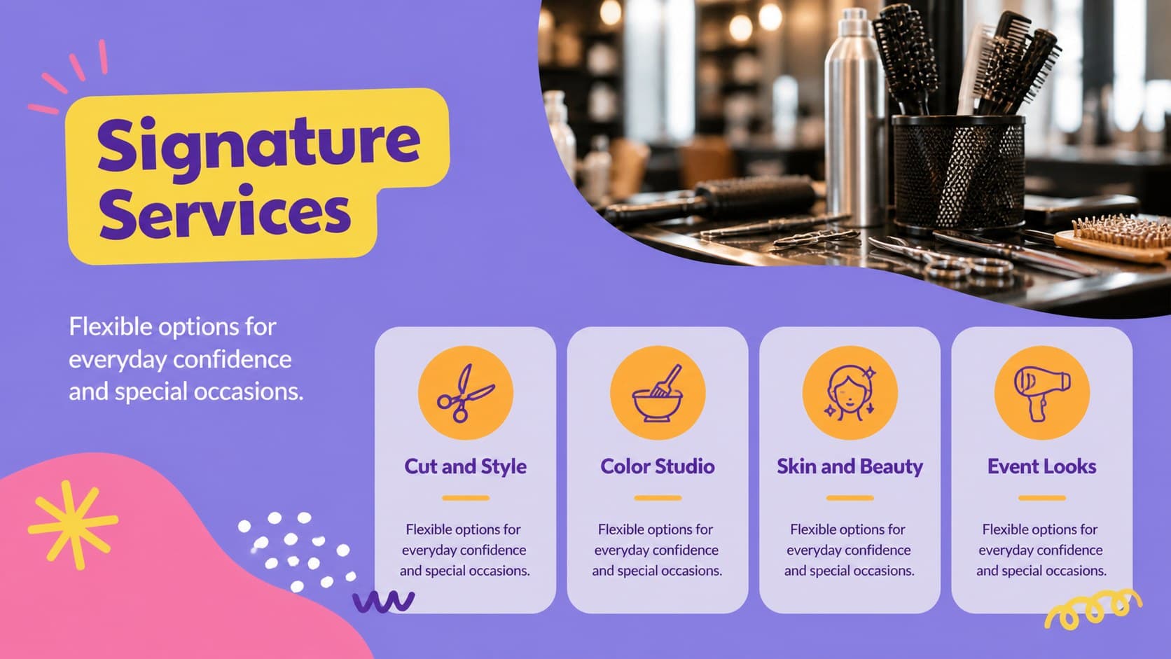 Salon services slide with a colorful service menu and editable category descriptions.