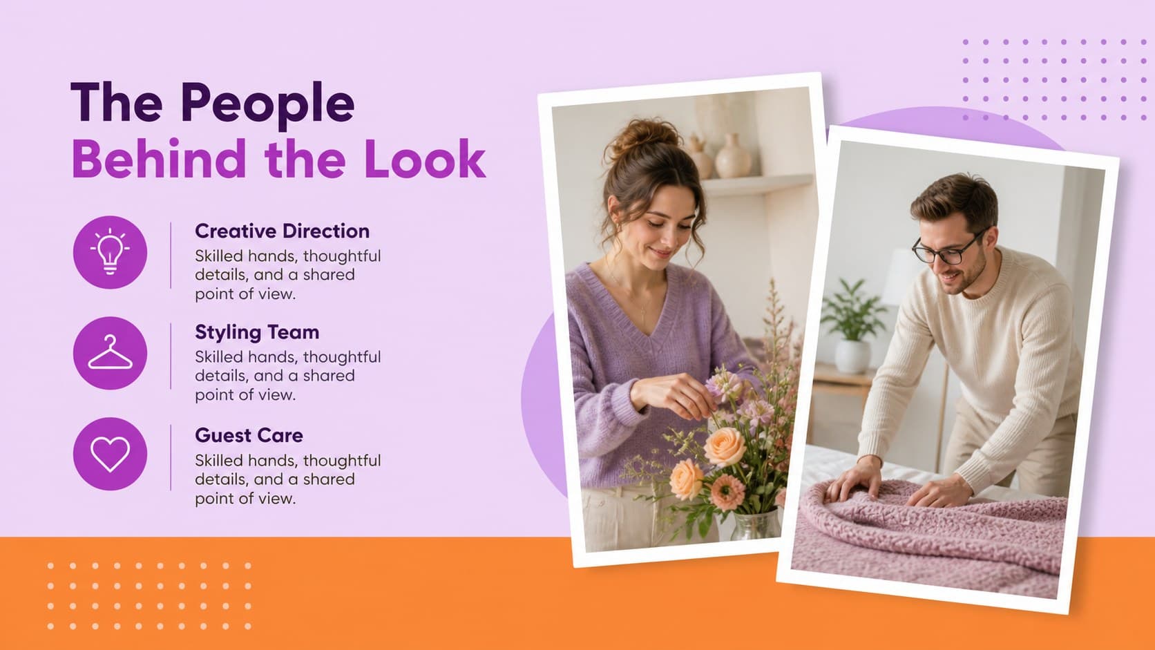 Team profile slide introducing salon roles with modern portrait frames and purple-orange accents.