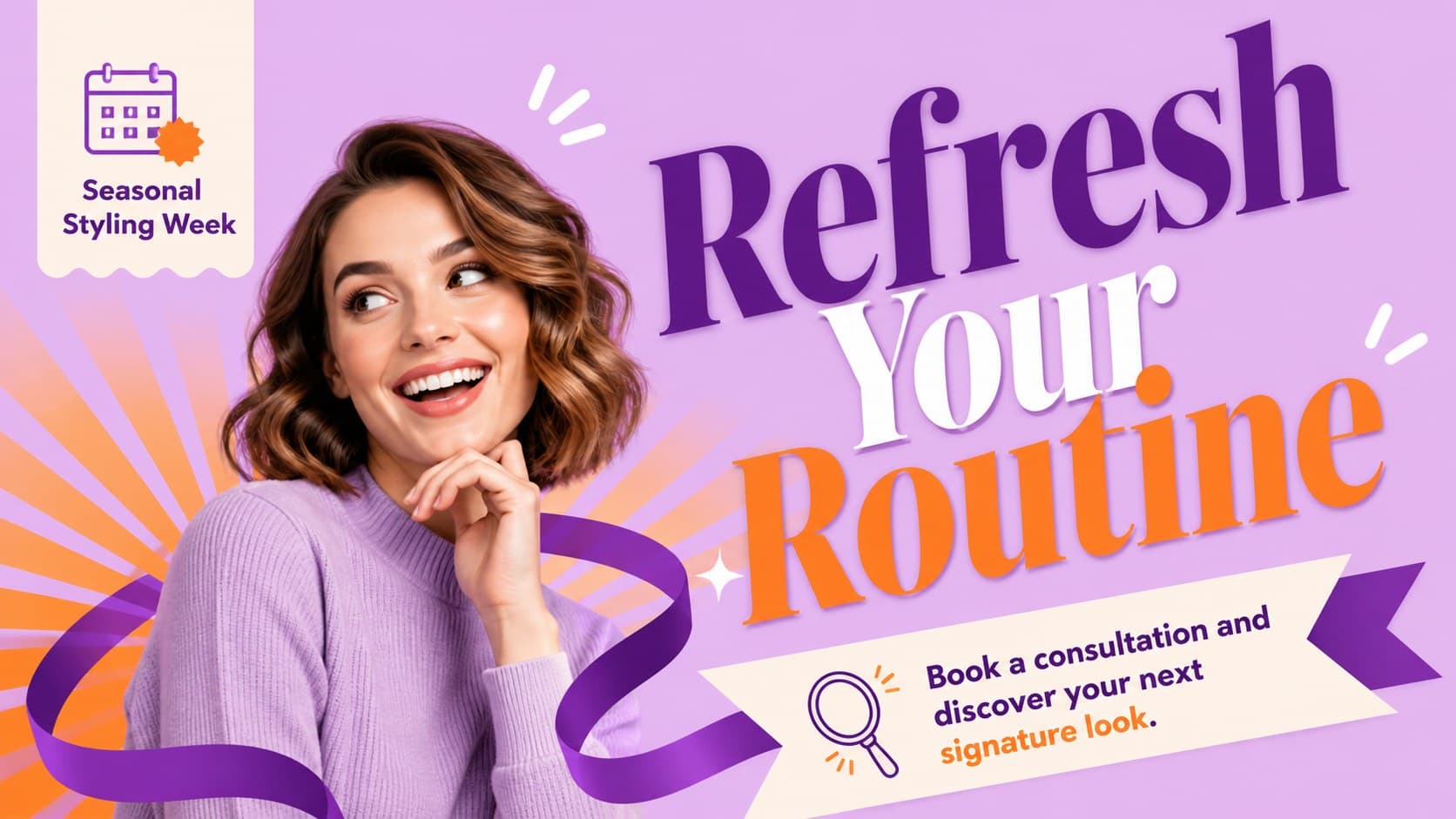 Promotional campaign slide outlining a seasonal beauty offer with bold illustrated typography.