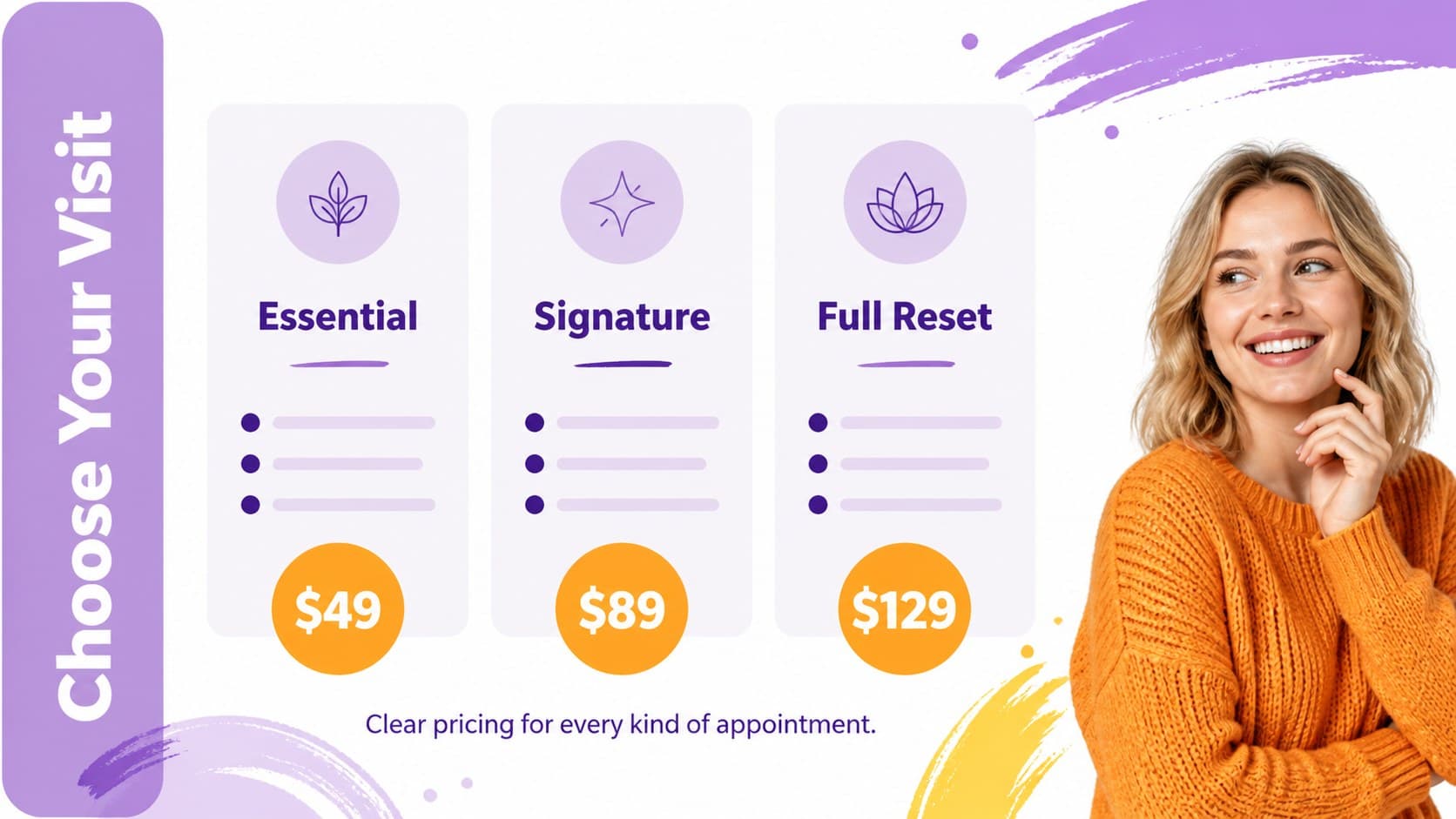 Salon pricing slide comparing service packages with editable tables and playful color coding.