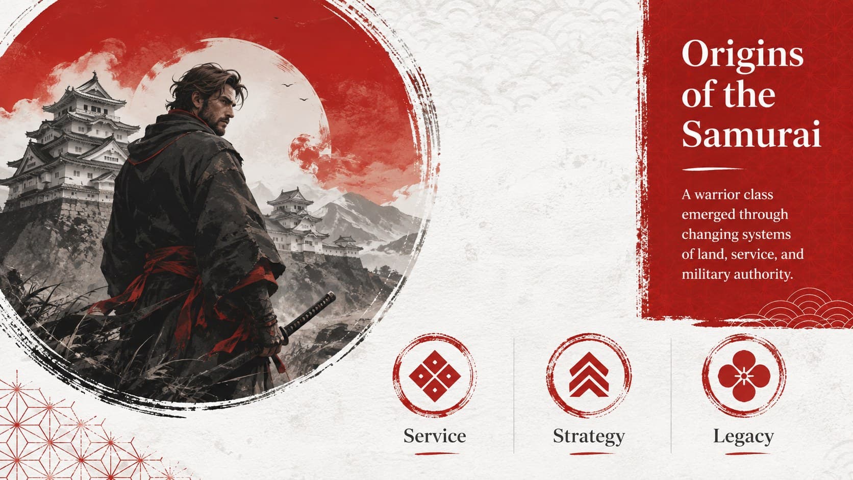 Illustrated Japanese culture slide summarizing the historical origins of the samurai in a modern red-and-white layout.
