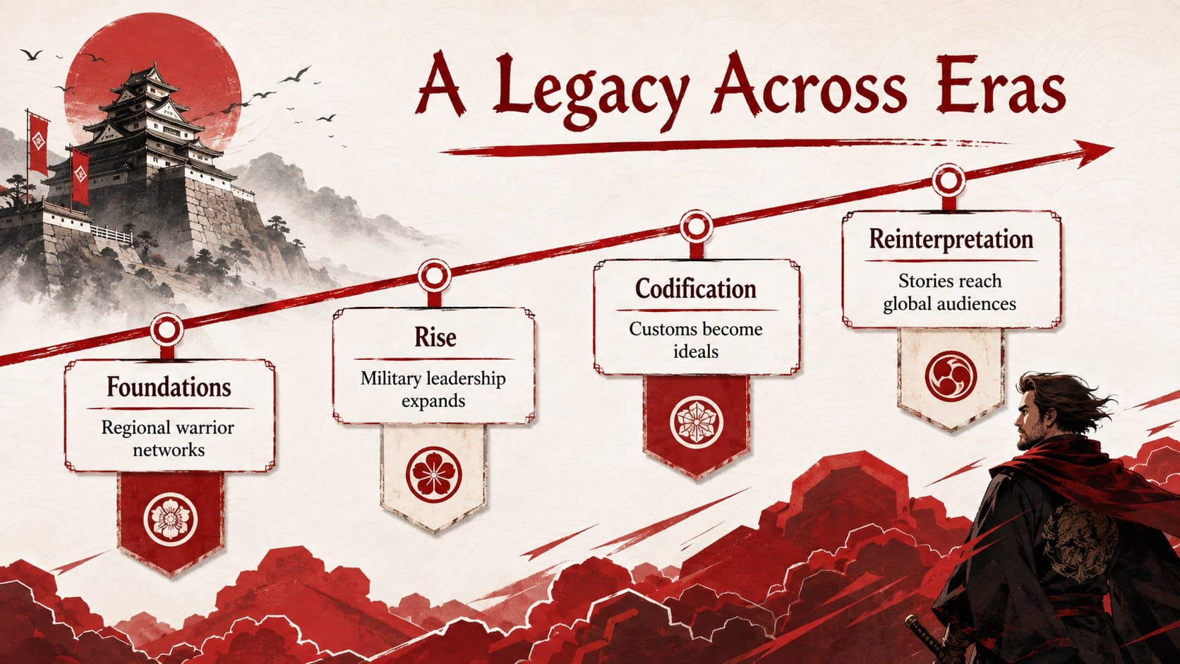 Samurai-themed PowerPoint timeline showing four stages of a warrior legacy against a red-and-white illustrated background.
