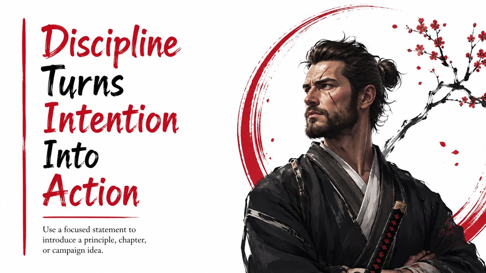 Anime history lesson deck slide featuring a concise statement about discipline beside an original warrior portrait.