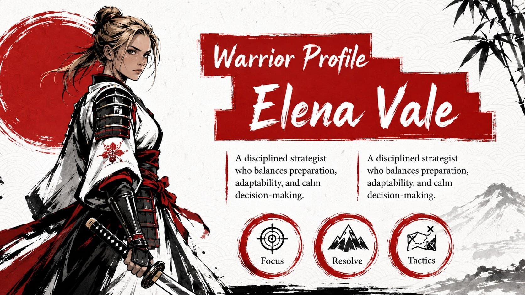 Editable warrior profile slide with an original anime-style character, biography text, and three attribute markers.