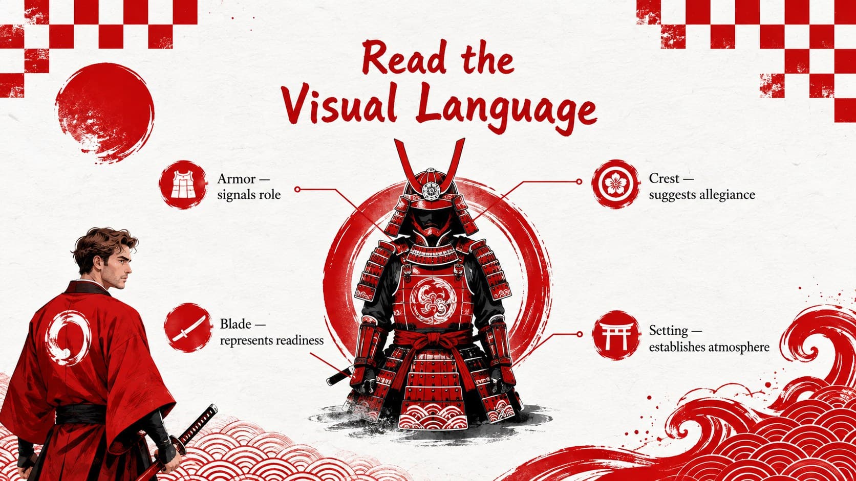 Illustrated Japanese culture slides layout mapping armor, crest, blade, and setting as visual storytelling elements.