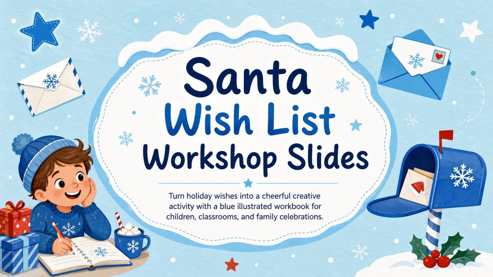 Blue illustrated cover introducing Santa wish list workshop slides for a festive kids activity.