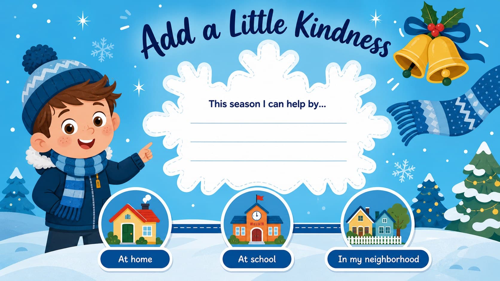 Blue illustrated reflection slide featuring holiday kindness prompts for a classroom activity.