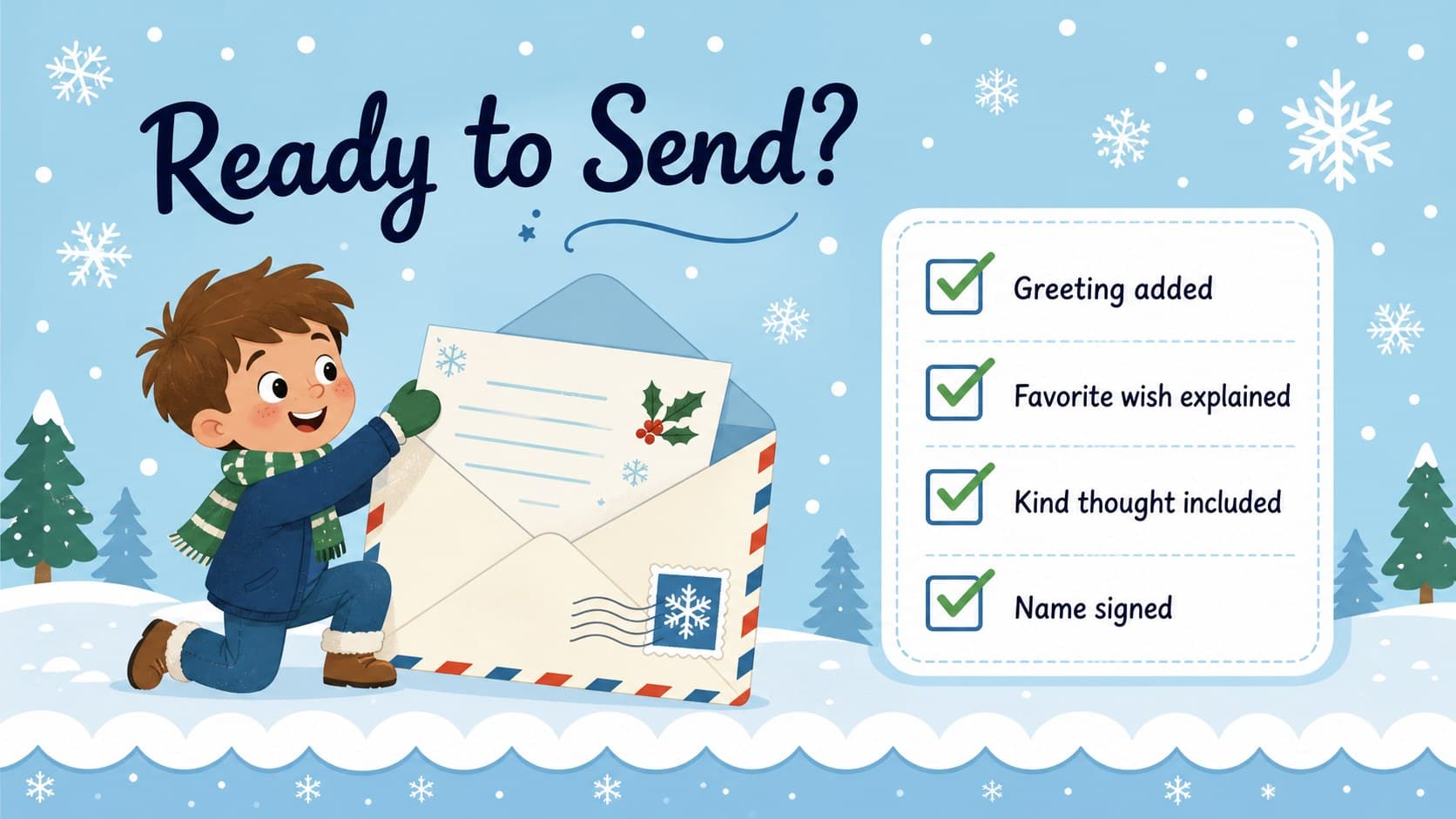 Santa letter checklist slide with blue illustrated reminders for completing a holiday activity.