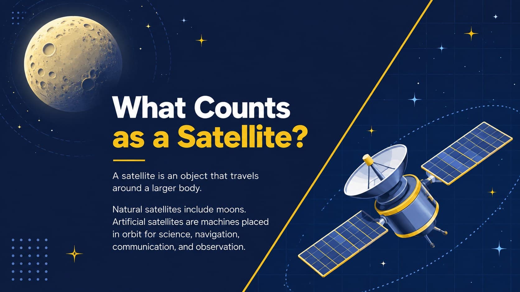 Educational satellite slide comparing natural satellites and human-made satellites with simple space illustrations.