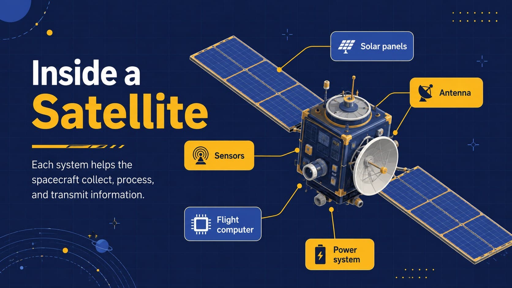 Labeled satellite anatomy diagram identifying solar panels, antenna, sensors, computer, and power system.