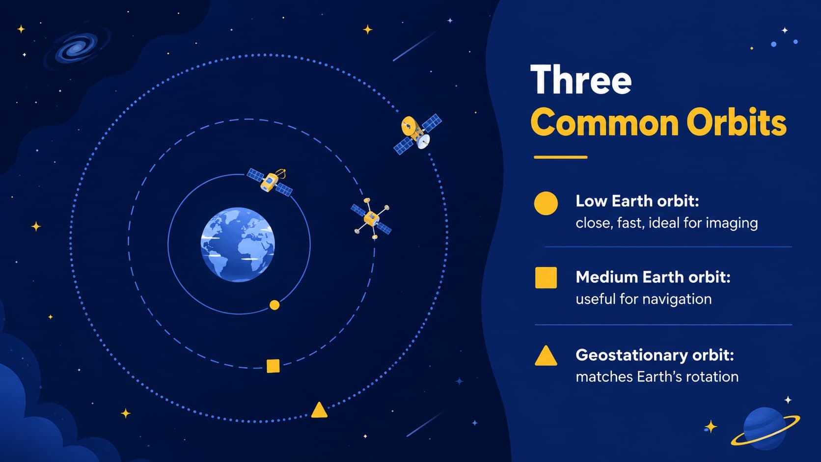 Orbital science classroom slide comparing low, medium, and geostationary Earth orbit.