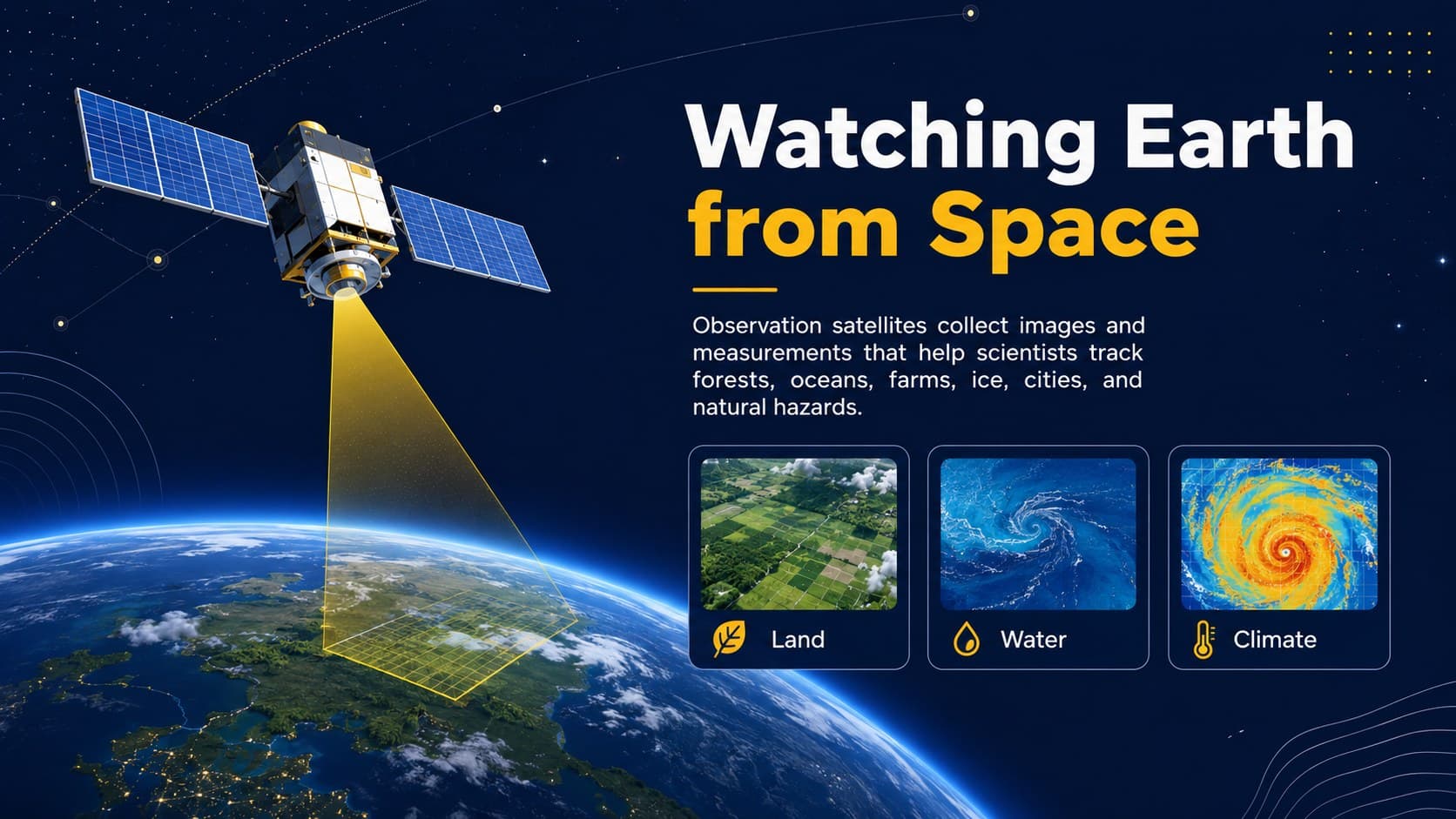 Earth observation satellite lesson showing how orbital sensors collect images and environmental data.