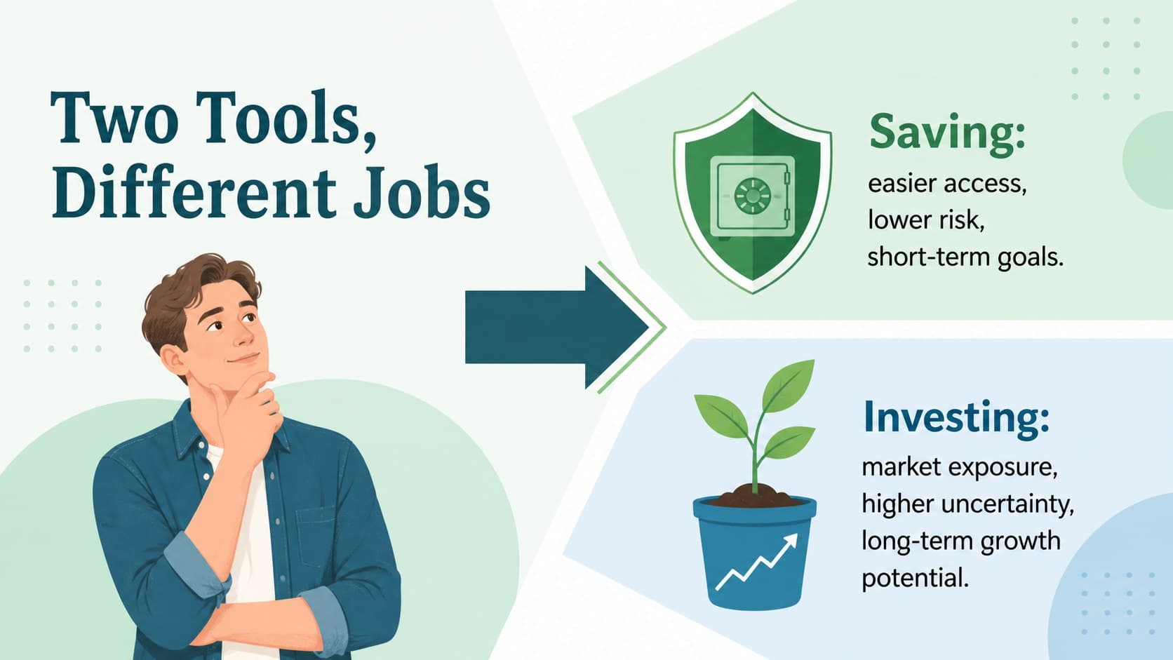 Saving versus investing comparison chart for a personal finance classroom presentation.