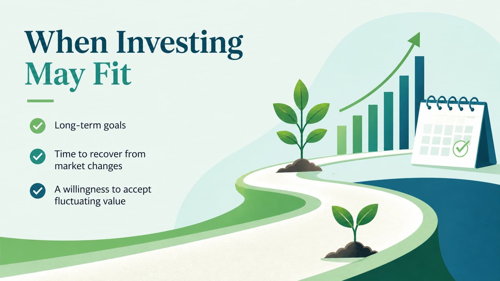 Beginner investing slide showing long-term goals, market growth, and changing account values.