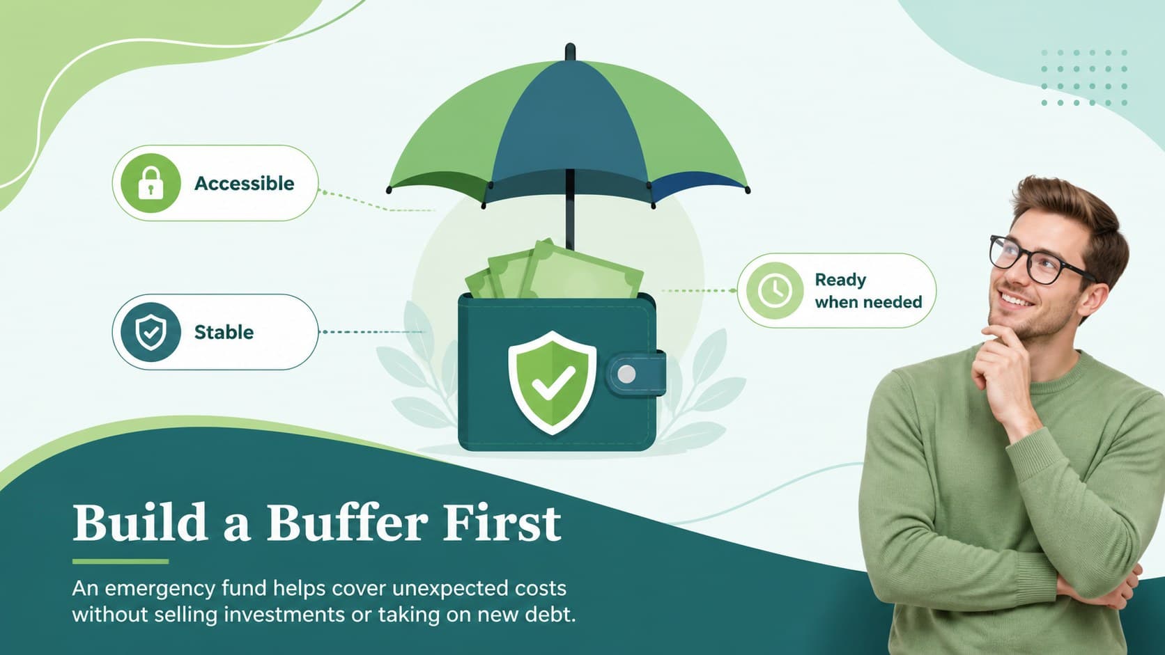 Emergency fund classroom slide explaining how a cash buffer supports financial stability.