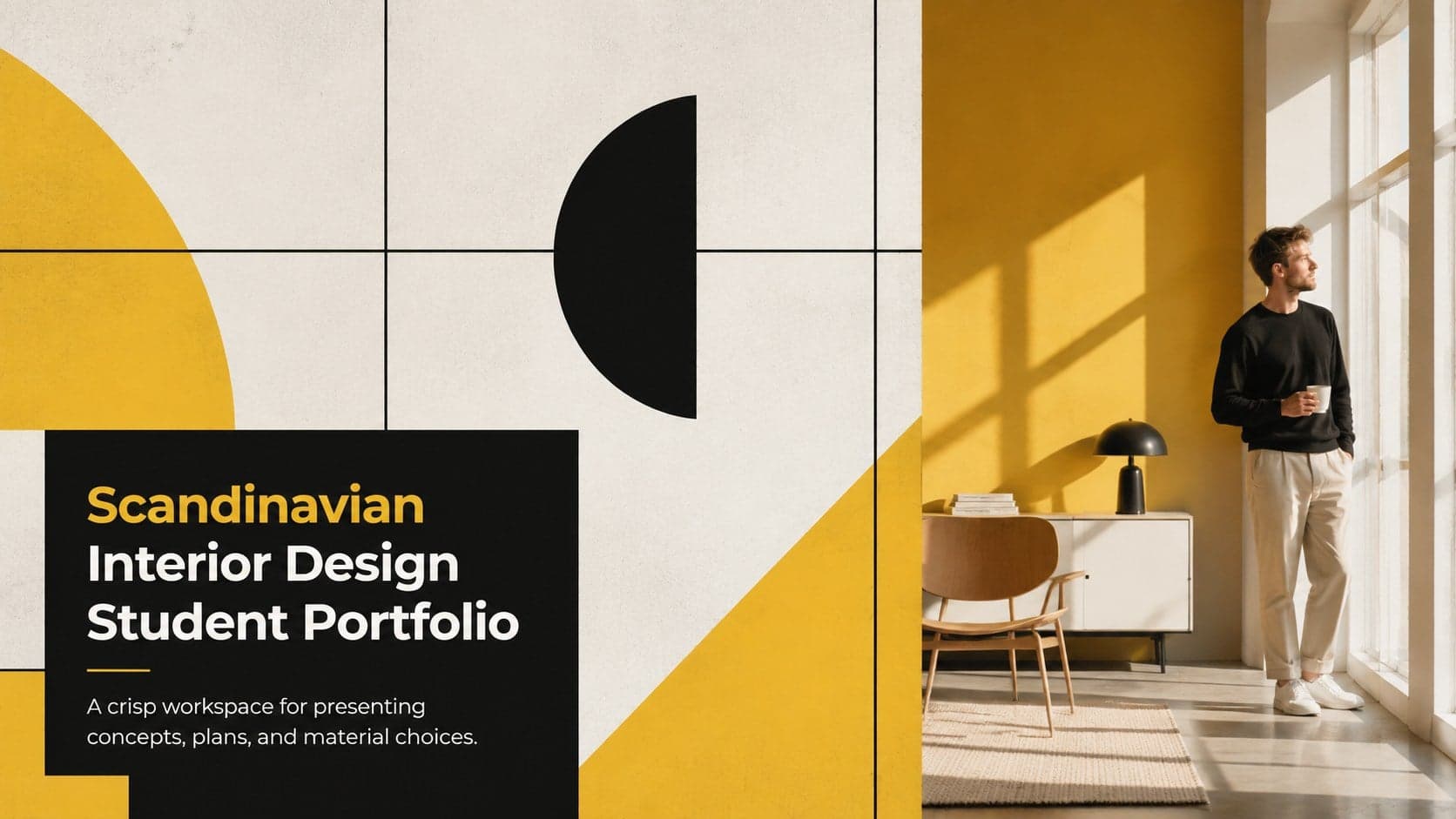 Cover for a Scandinavian interior design student portfolio with bold yellow typography and a modern room image.