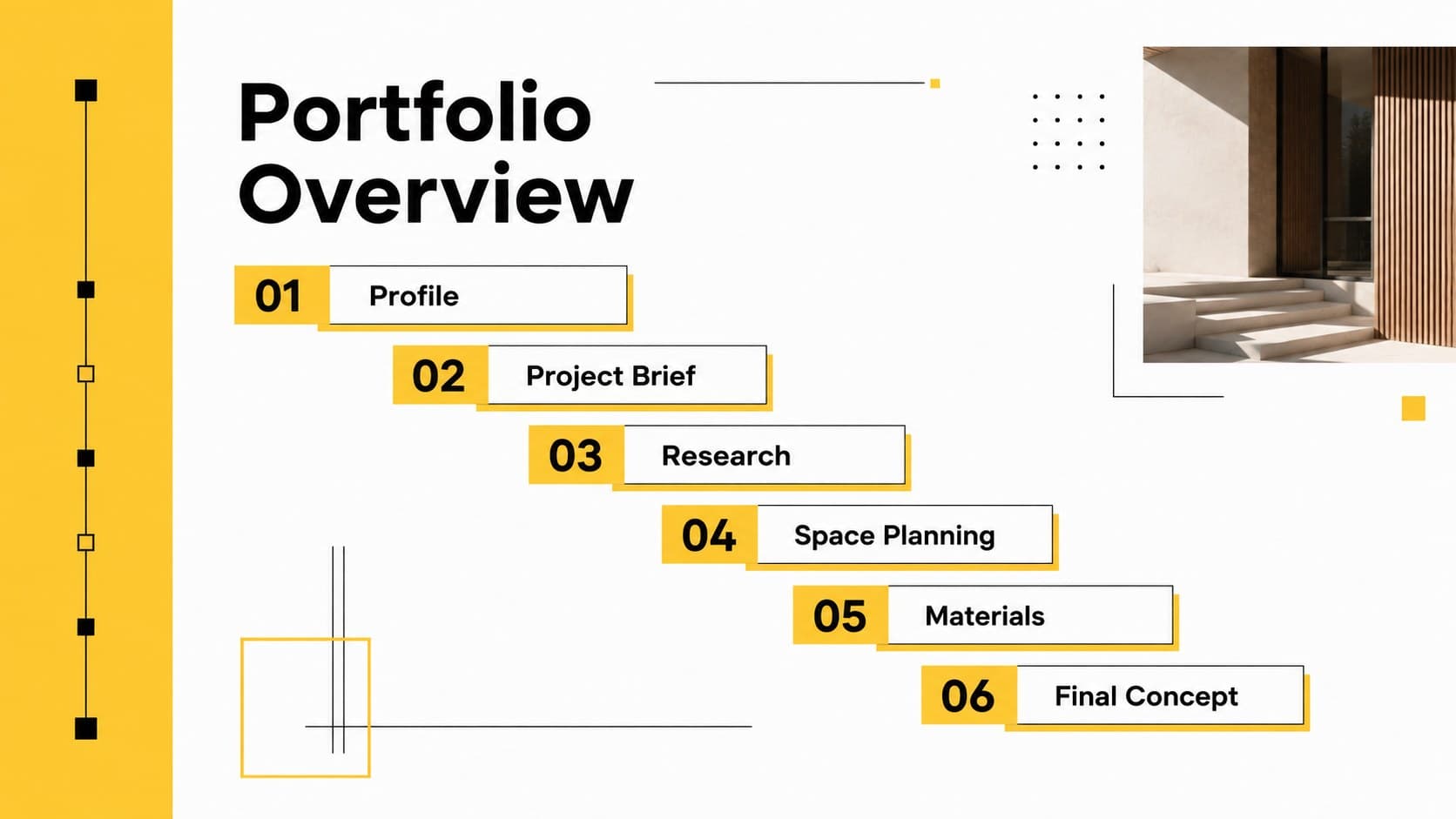 Portfolio overview slide listing the sections of a Scandinavian interior design presentation.