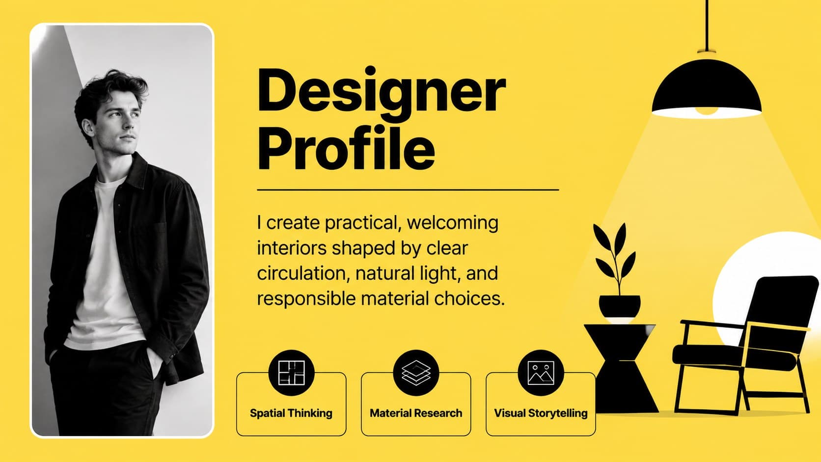 Student designer profile slide with portrait space, biography, and interior design interests.
