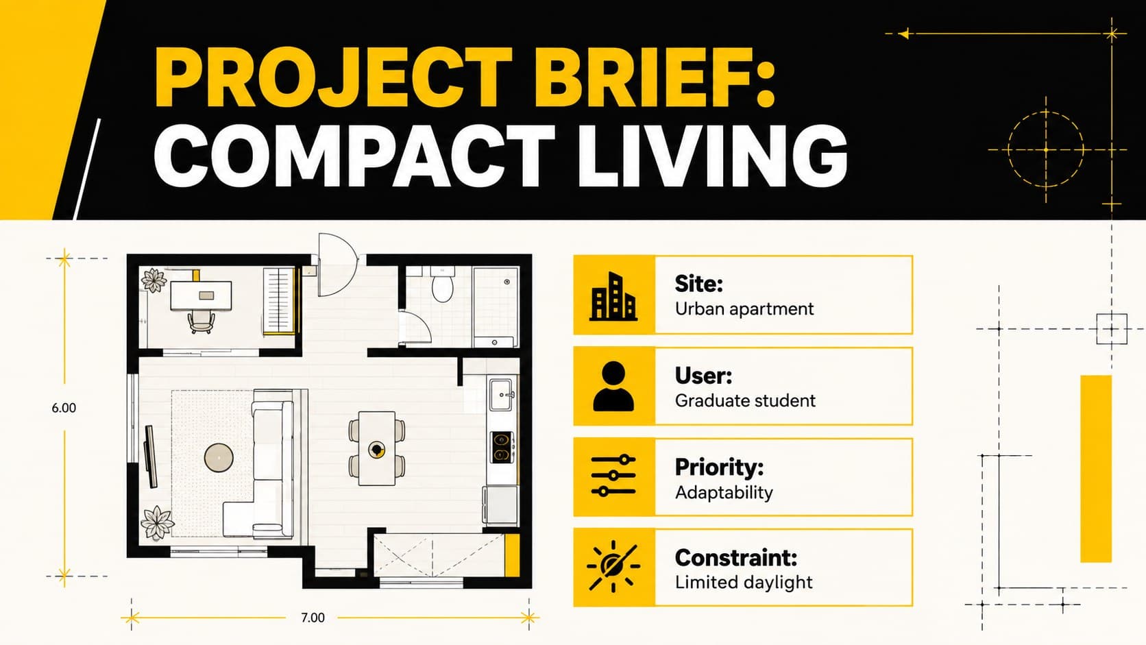Compact living project brief slide outlining the challenge, goal, site, and audience.