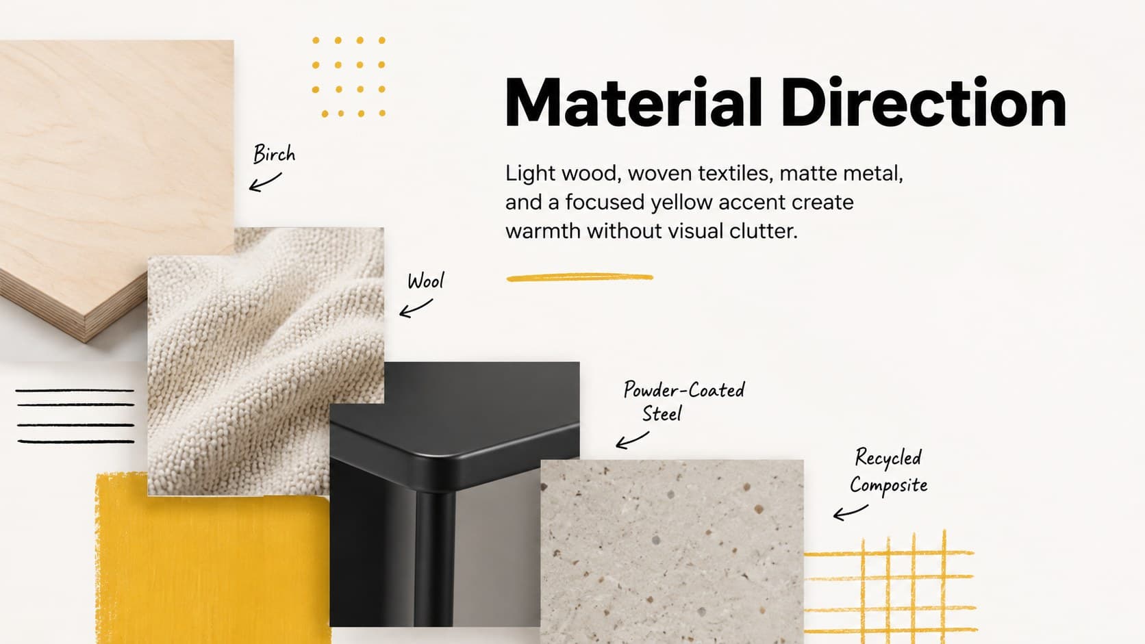 Interior materials mood board slide combining light wood, woven textiles, metal, and yellow accents.