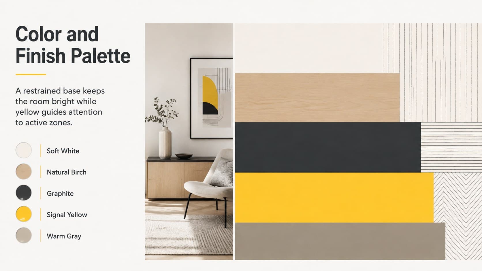 Yellow minimalist design portfolio slide presenting a balanced color and finish palette.